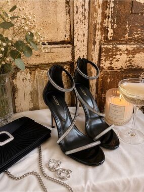 ALDO Black Patent Rhinestone Ankle Strap Heels | Open Toe Stiletto | Size 8